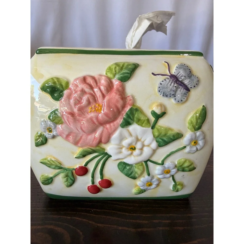 VTG Pamela Gladding Floral Ceramic Tissue Box Cover Butterfly